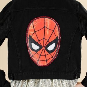 Women's Upcycled One Of A Kind Black Spider-Man Jacket With Fringe